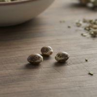 Three Lemon Kush seeds on a wooden surface